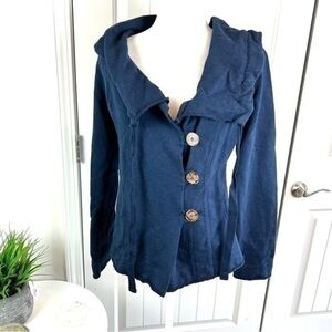 Lucky Brand Womens Jacket Coat Blue Waterfall Ruffle Neck Buttons Drawstring M